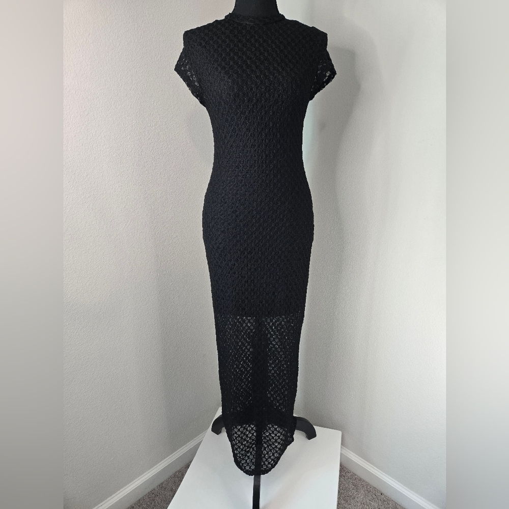 Black Textured/See-Through Midi Dress